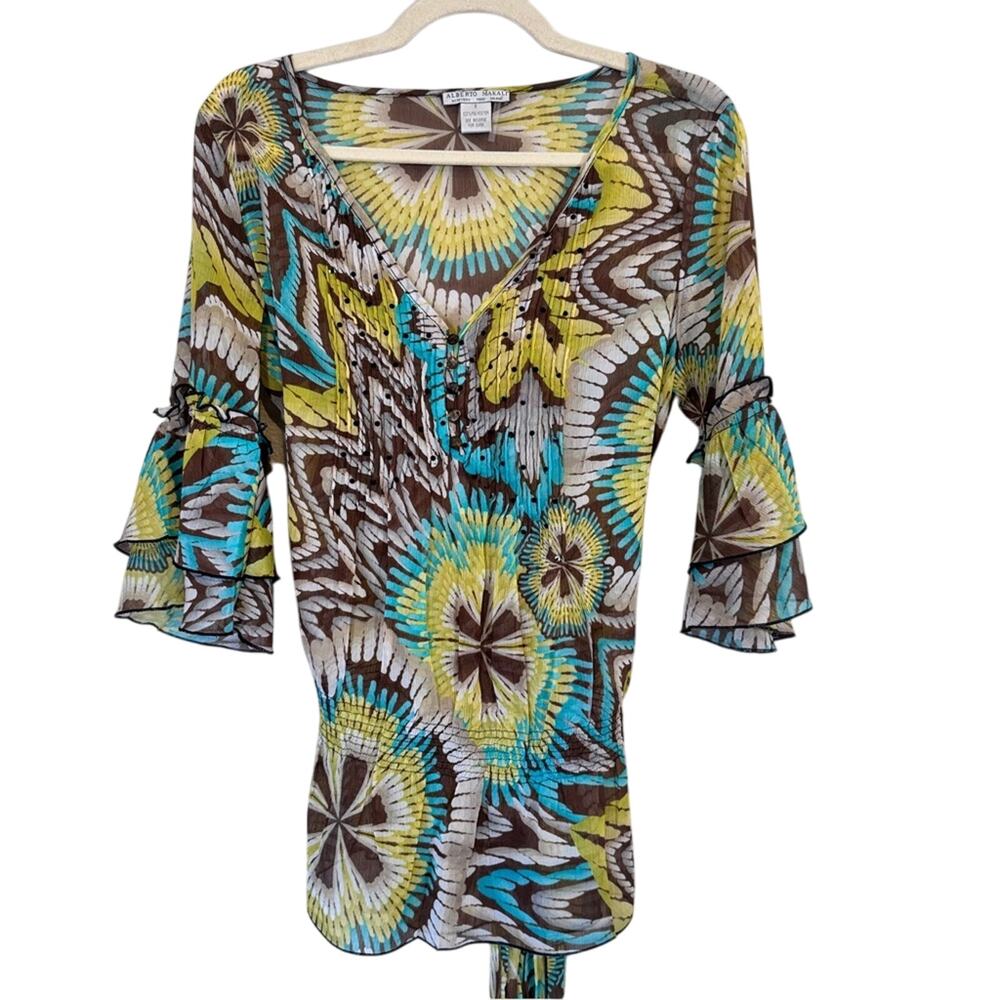 Alberto Makali Brown Yellow Teal Ruffled Blouse Womens S Maximalist Y2K Bold